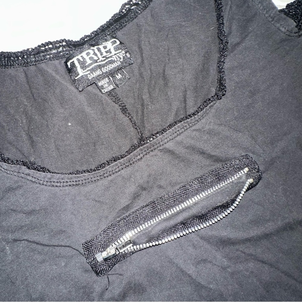 Tripp NYC Black Top with Mesh Sleeves & Front Zipper Design - Picture 4 of 16
